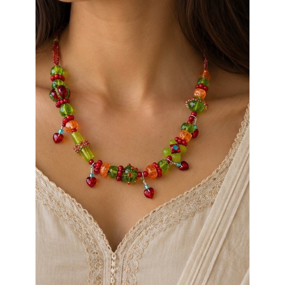 Lalo Treasures Orna Lalo Necklace Women OS Red Green Good Heart Beaded Art Wear